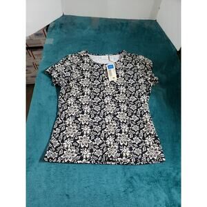 Covington Top Size Medium Youth Girls Black Floral Short Sleeves Stretch NWT